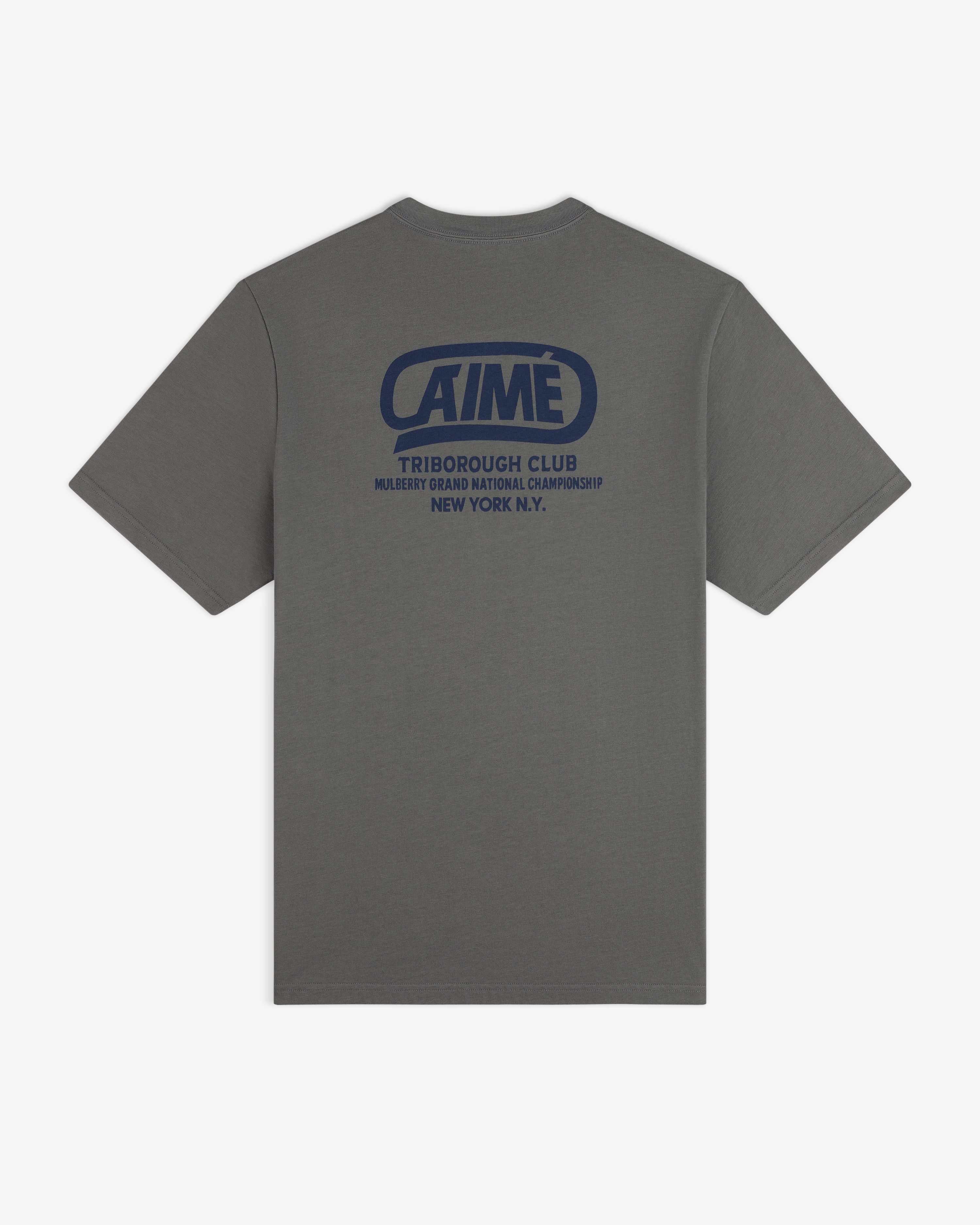 Grey short-sleeve Triborough Club tee with blue back print: AIME TRIBOROUGH CLUB MULBERRY GRAND NATIONAL CHAMPIONSHIP.