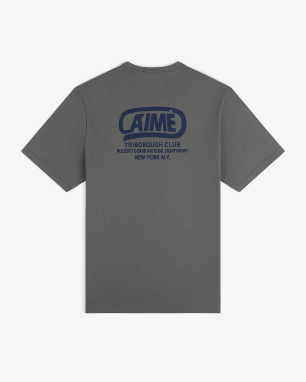 Grey short-sleeve Triborough Club tee with blue back print: AIME TRIBOROUGH CLUB MULBERRY GRAND NATIONAL CHAMPIONSHIP.