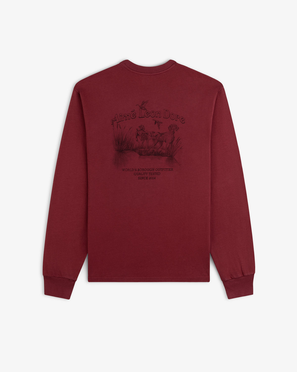 Long-Sleeve Retriever Tee in maroon with a graphic of two dogs in a marsh on the back.