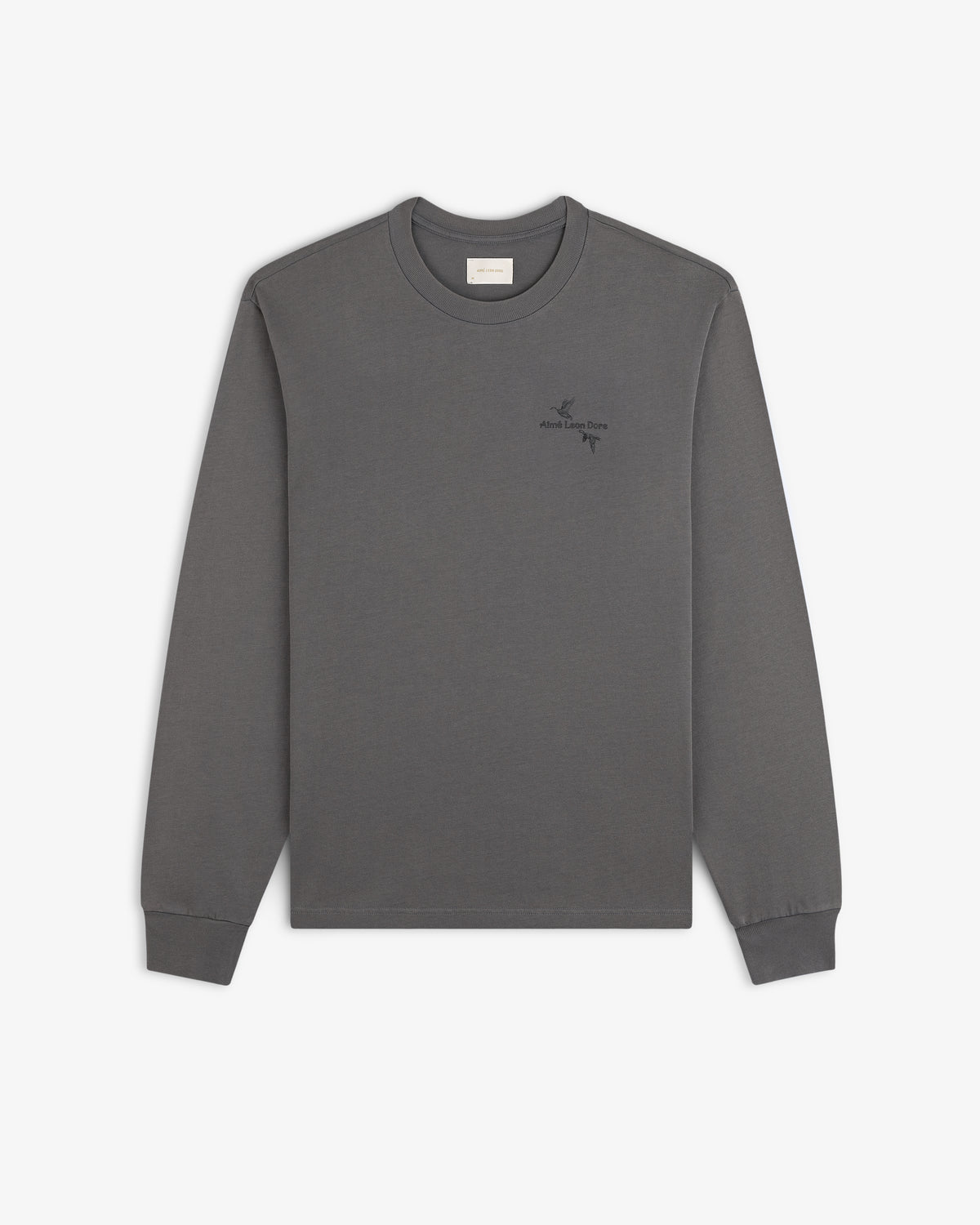 Dark grey Long-Sleeve Retriever Tee with a small chest graphic of two birds.