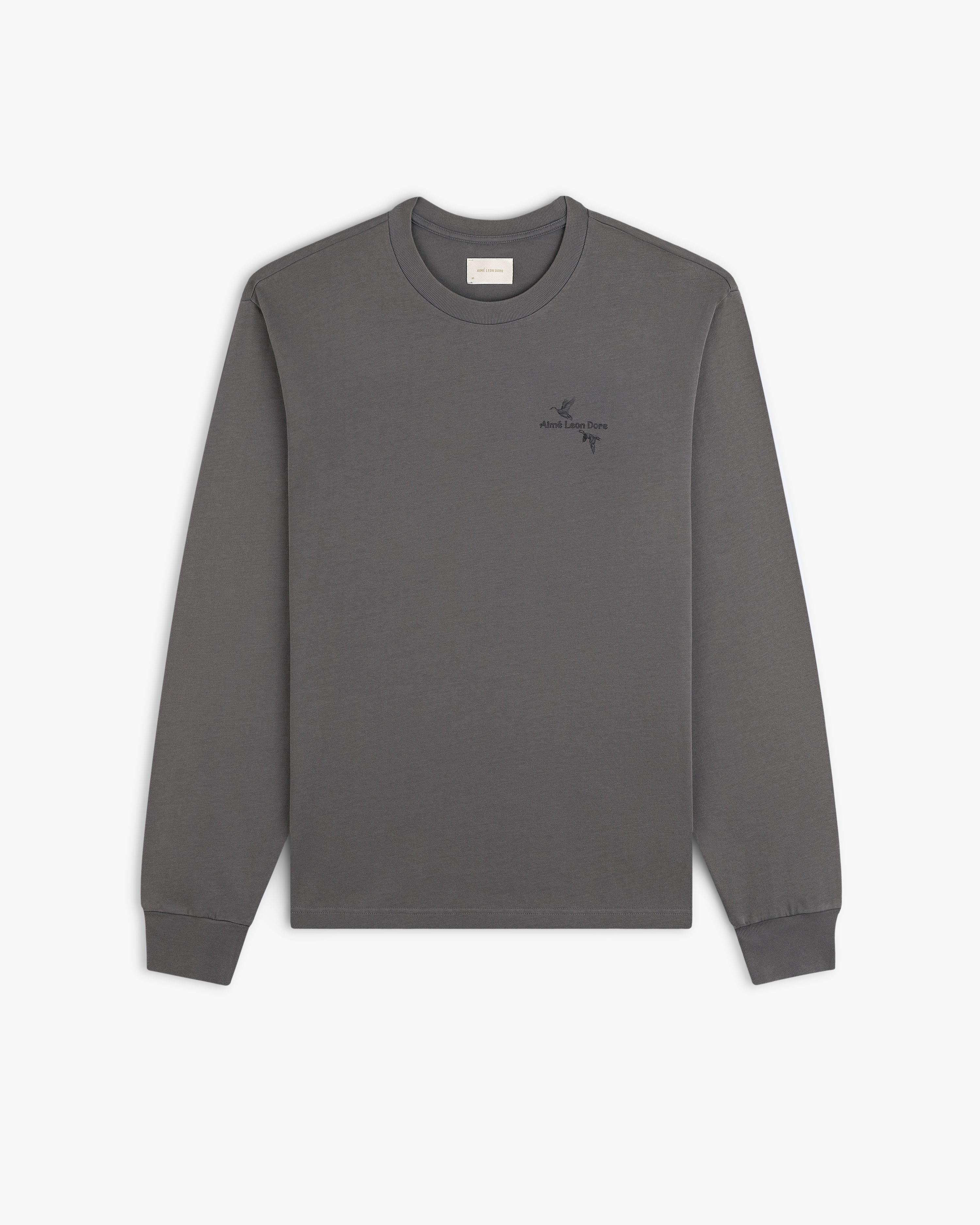 Dark grey Long-Sleeve Retriever Tee with a small chest graphic of two birds.