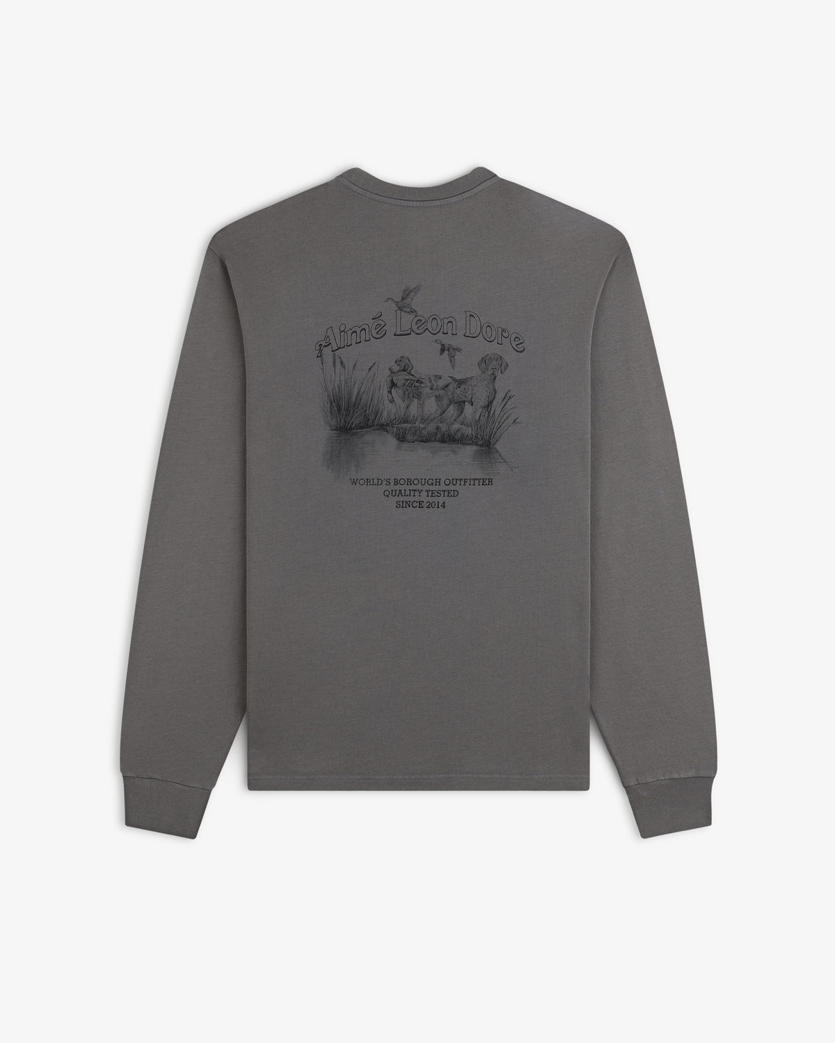 Grey Long-Sleeve Retriever Tee with a back graphic of a dog, birds, and text.