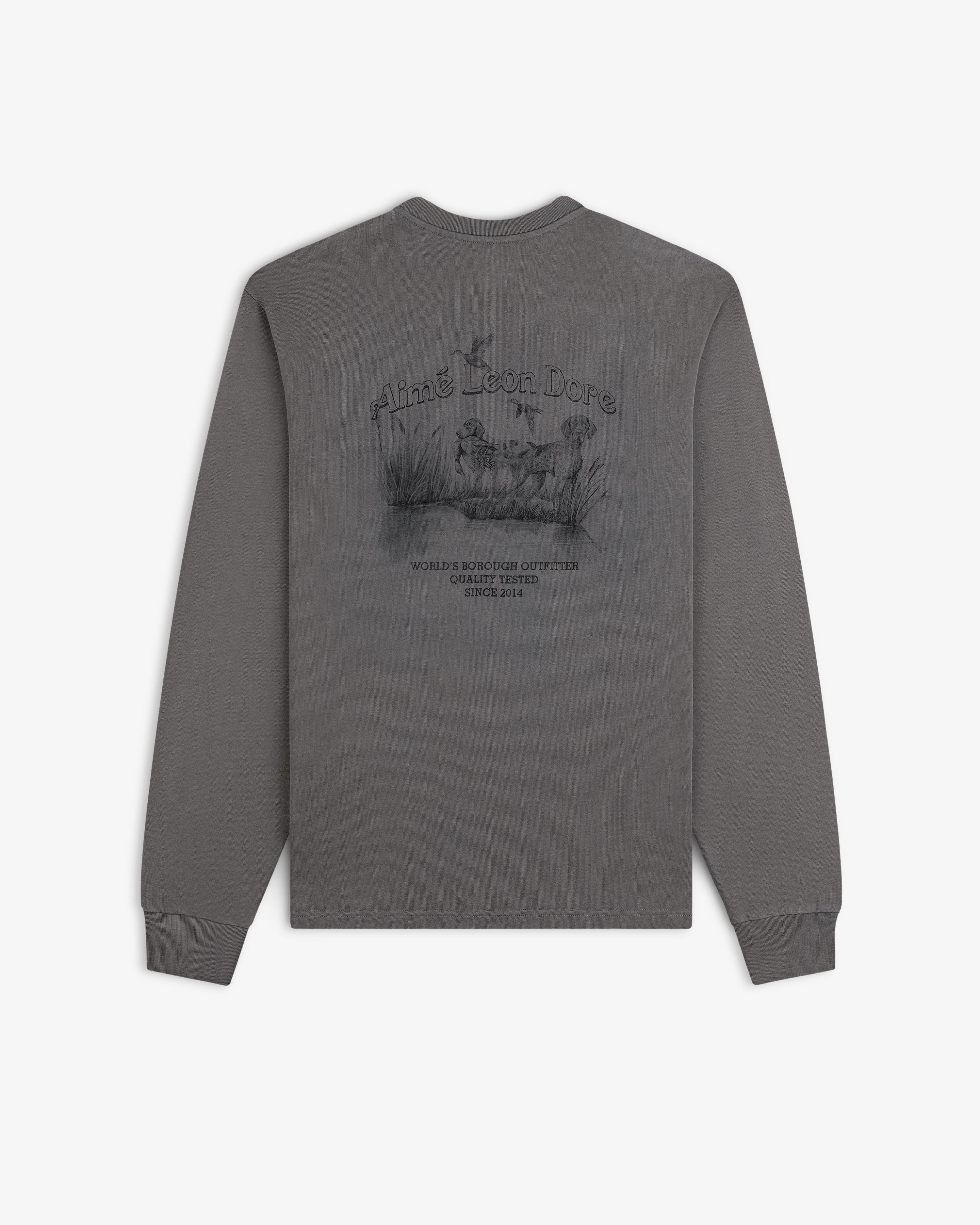 Grey Long-Sleeve Retriever Tee with a back graphic of a dog, birds, and text.
