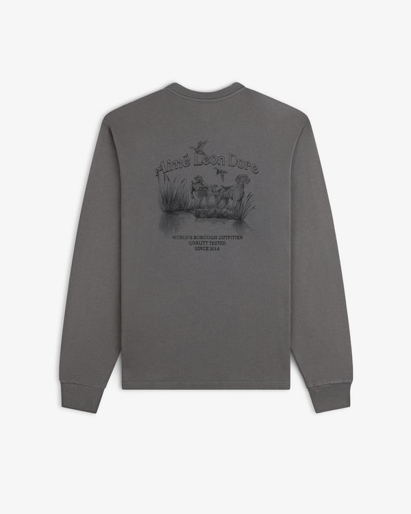 Grey Long-Sleeve Retriever Tee with a back graphic of a dog, birds, and text.