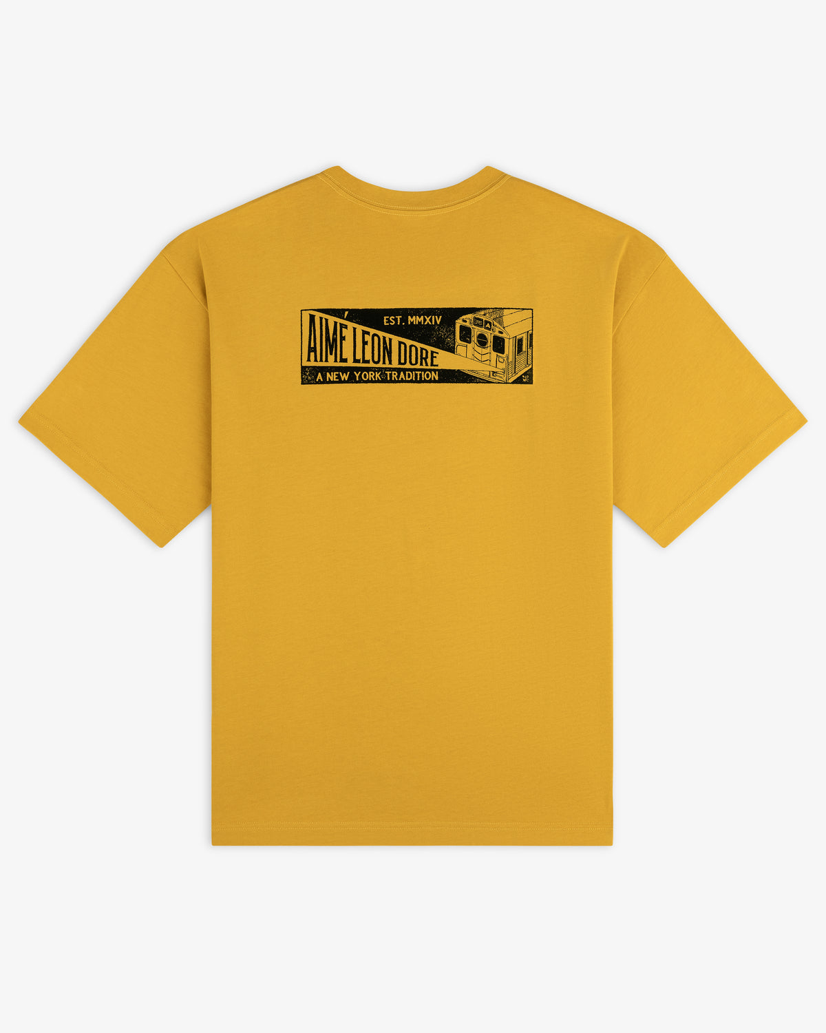 Mustard yellow short-sleeve Aimé Transit Tee with a graphic on the back of a subway car and text reading Aime Leon Dore.