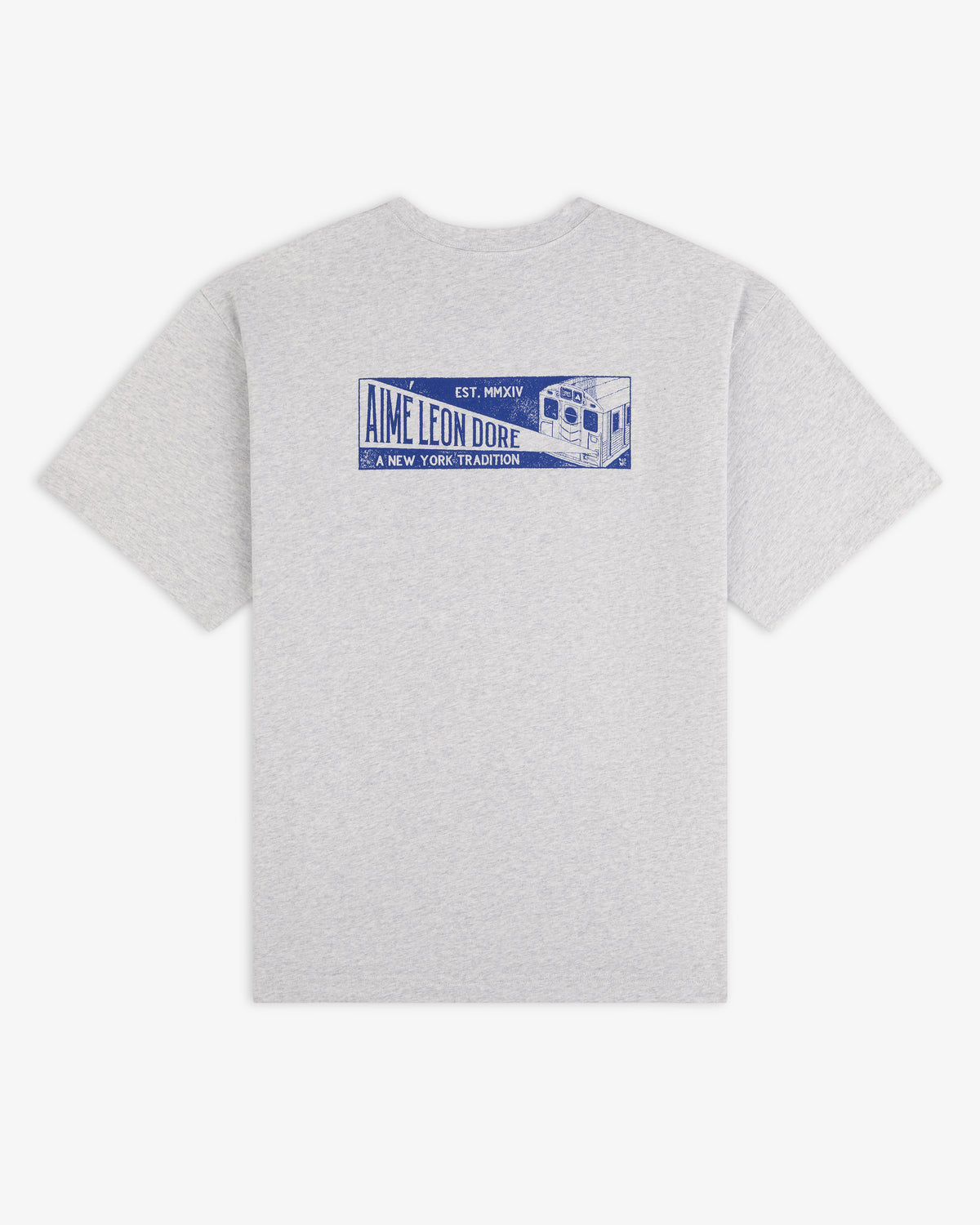 Grey Aimé Transit Tee with a blue graphic on the back featuring a subway train and text.