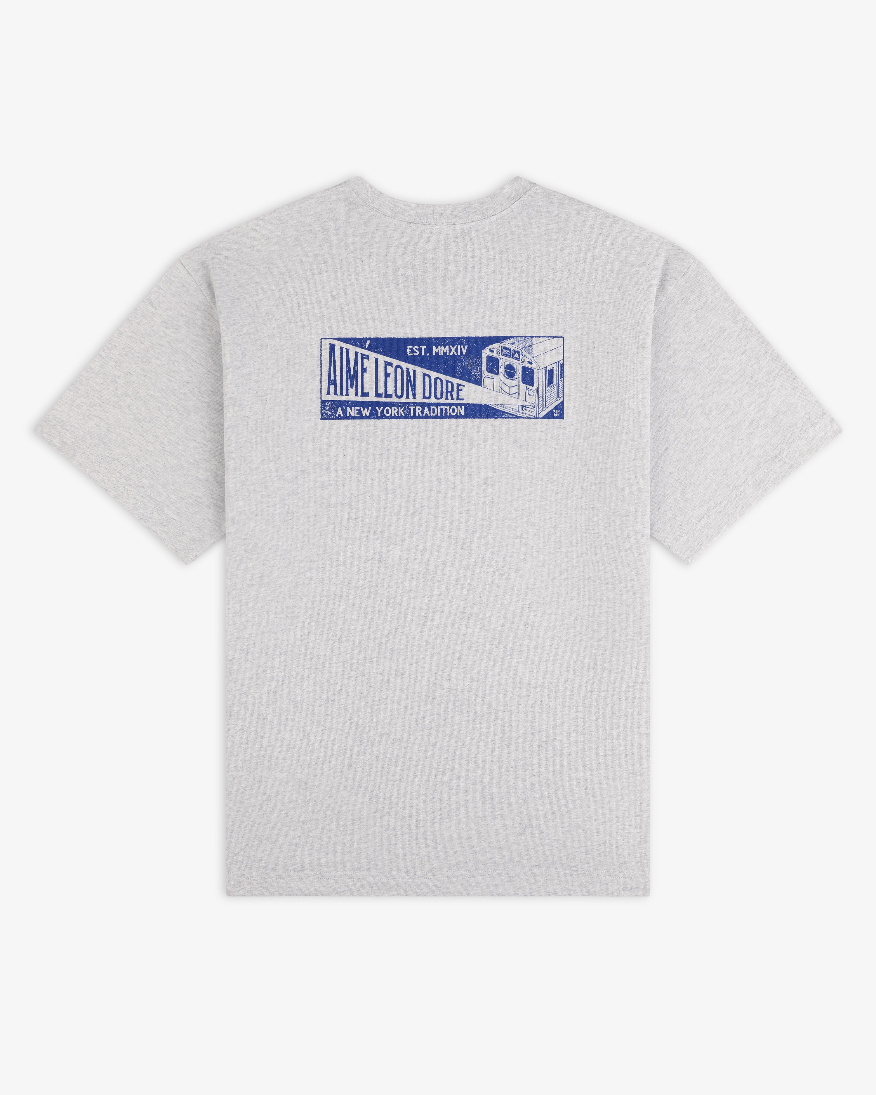 Grey Aimé Transit Tee with a blue graphic on the back featuring a subway train and text.