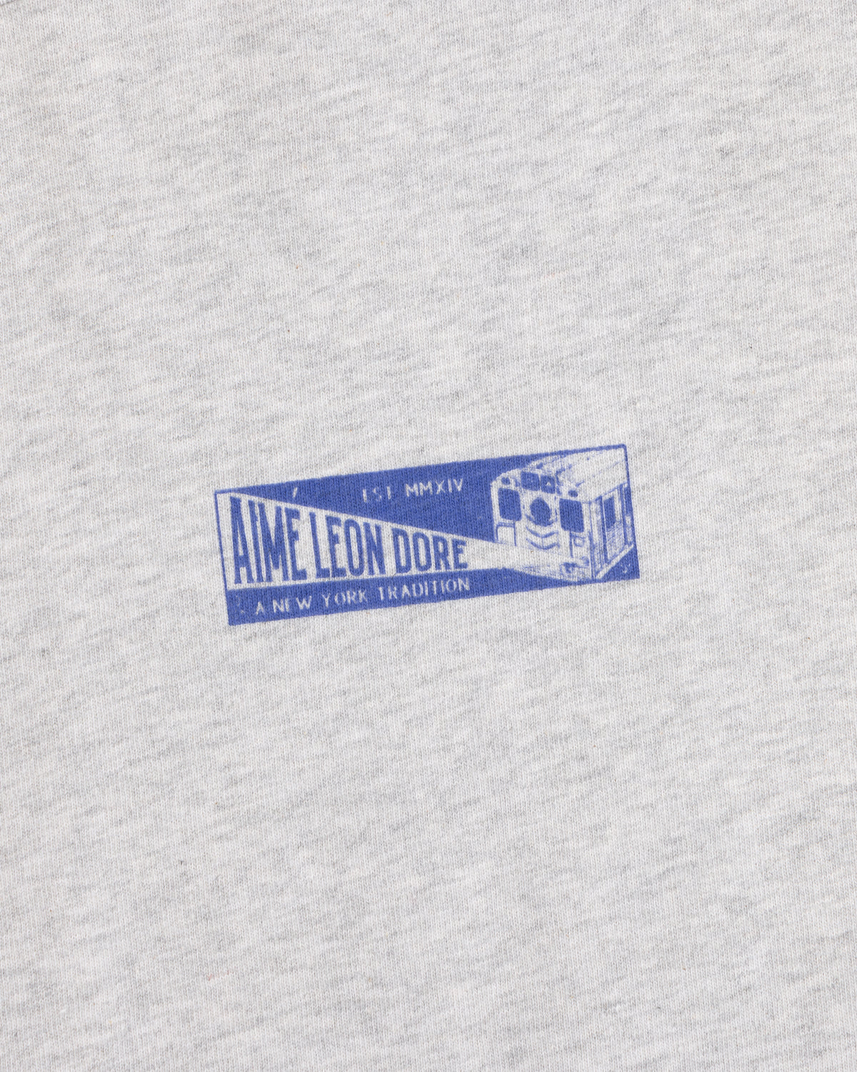 Gray heathered Aimé Transit Tee with a blue graphic of a subway car and text reading Aime Leon Dore A New York Tradition.