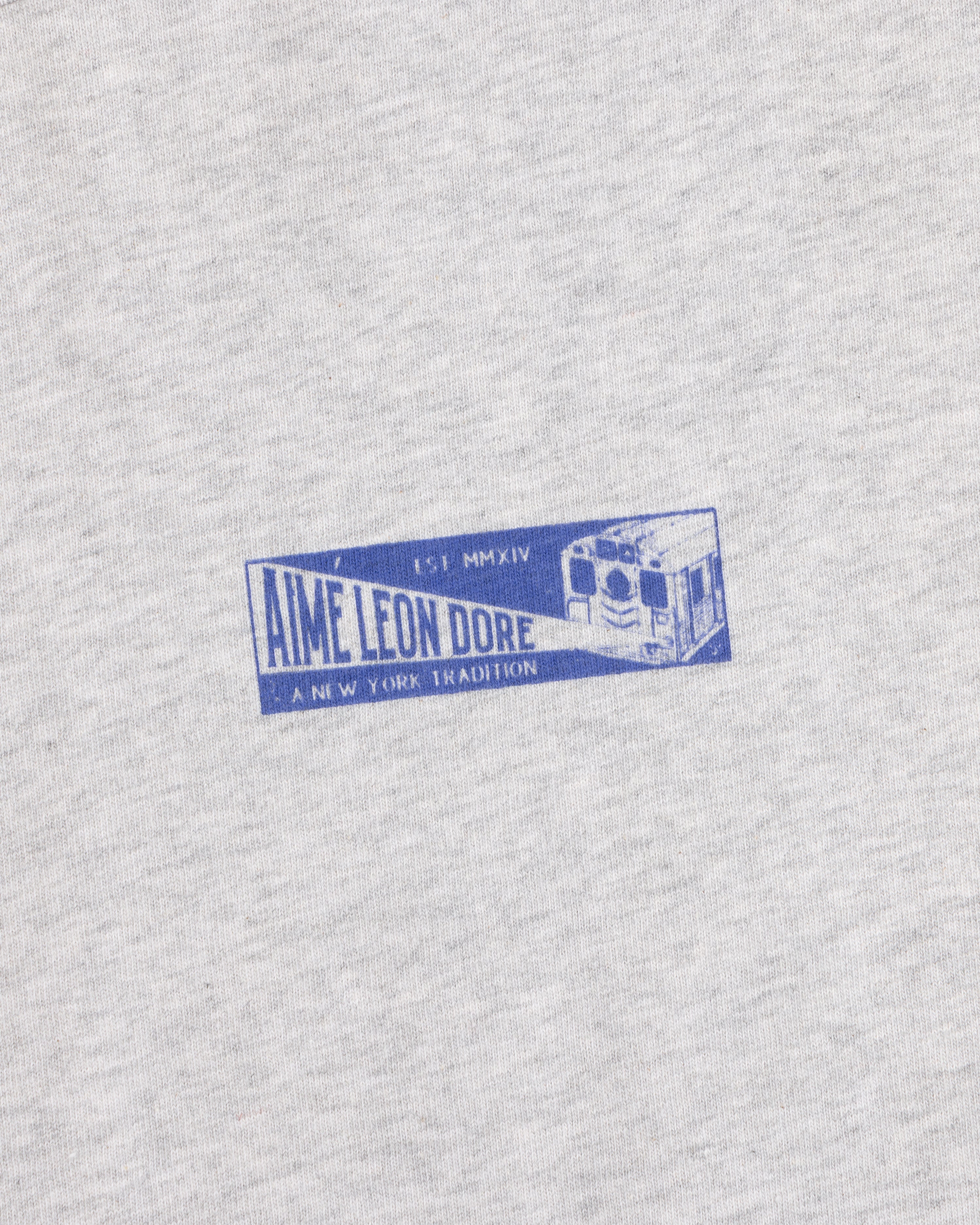 Gray heathered Aimé Transit Tee with a blue graphic of a subway car and text reading Aime Leon Dore A New York Tradition.