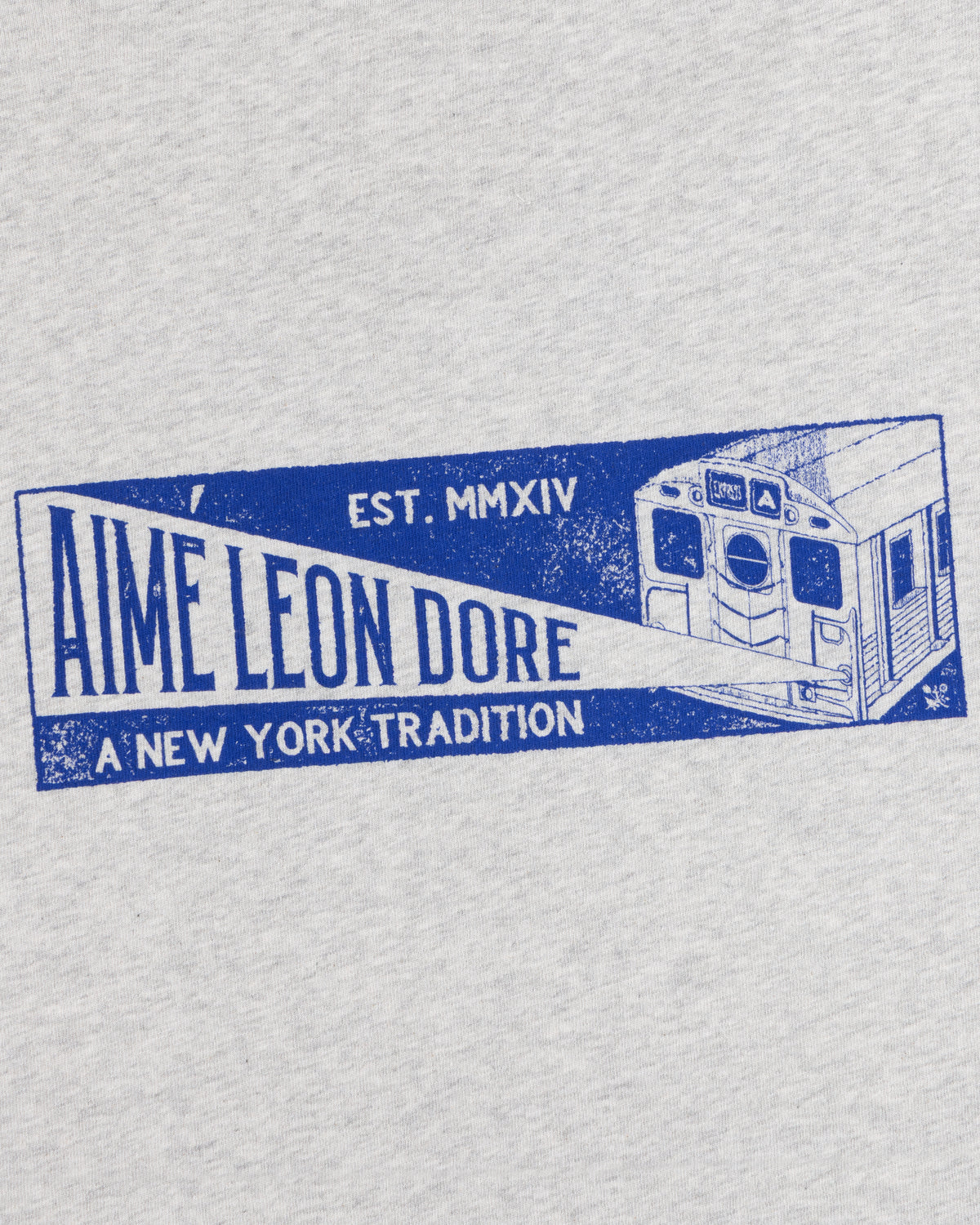 Grey Aimé Transit Tee with a blue graphic of a New York subway train and text reading Aime Leon Dore, A New York Tradition.