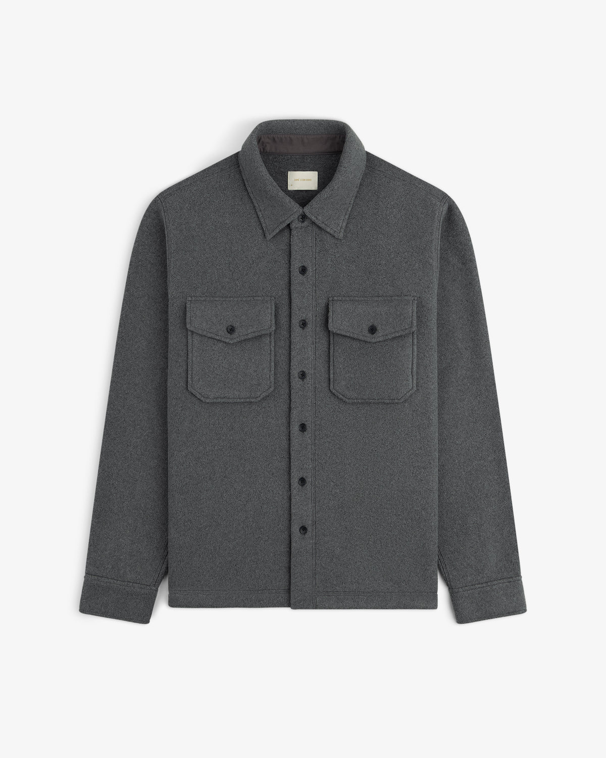 Melange Fleece Shirt, gray long-sleeve button-up with two chest pockets, shown flat on white background.