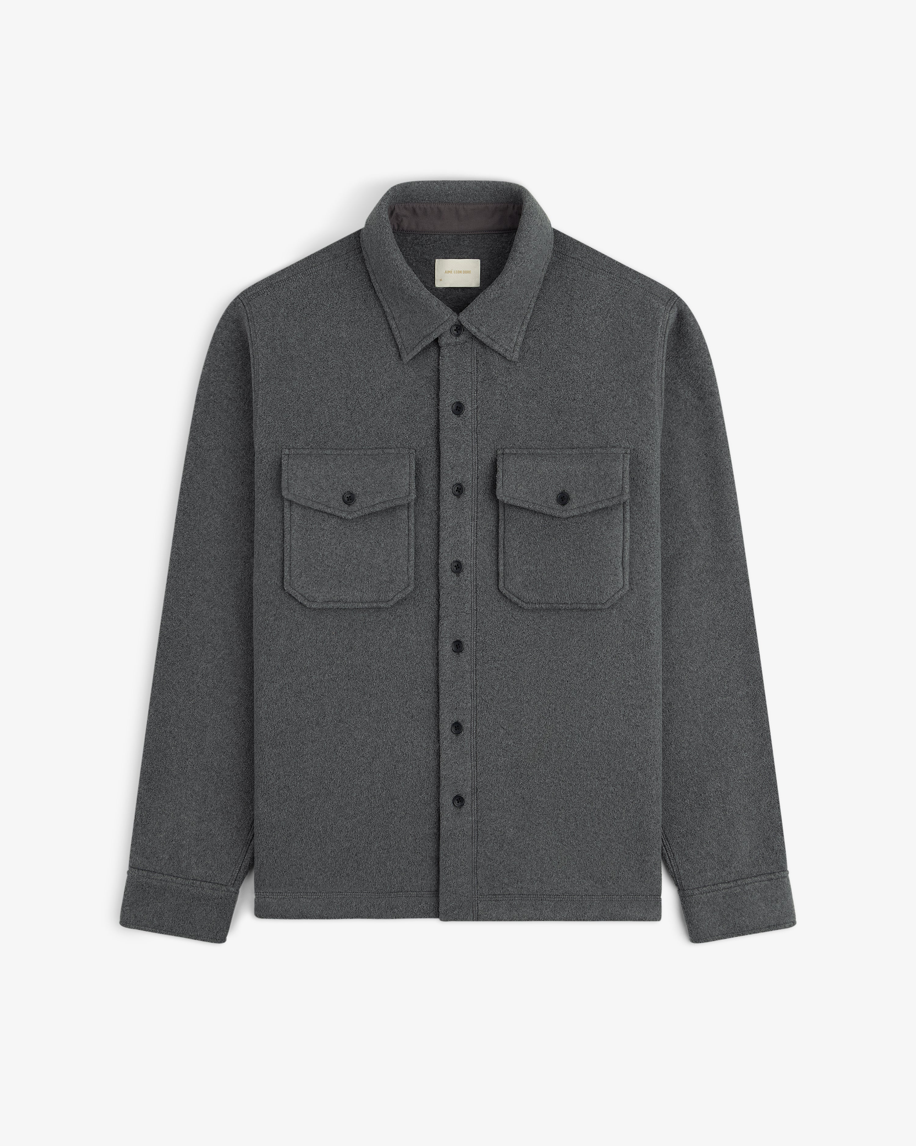 Melange Fleece Shirt, gray long-sleeve button-up with two chest pockets, shown flat on white background.
