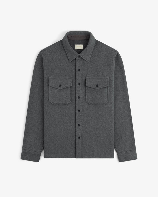 Melange Fleece Shirt, gray long-sleeve button-up with two chest pockets, shown flat on white background.
