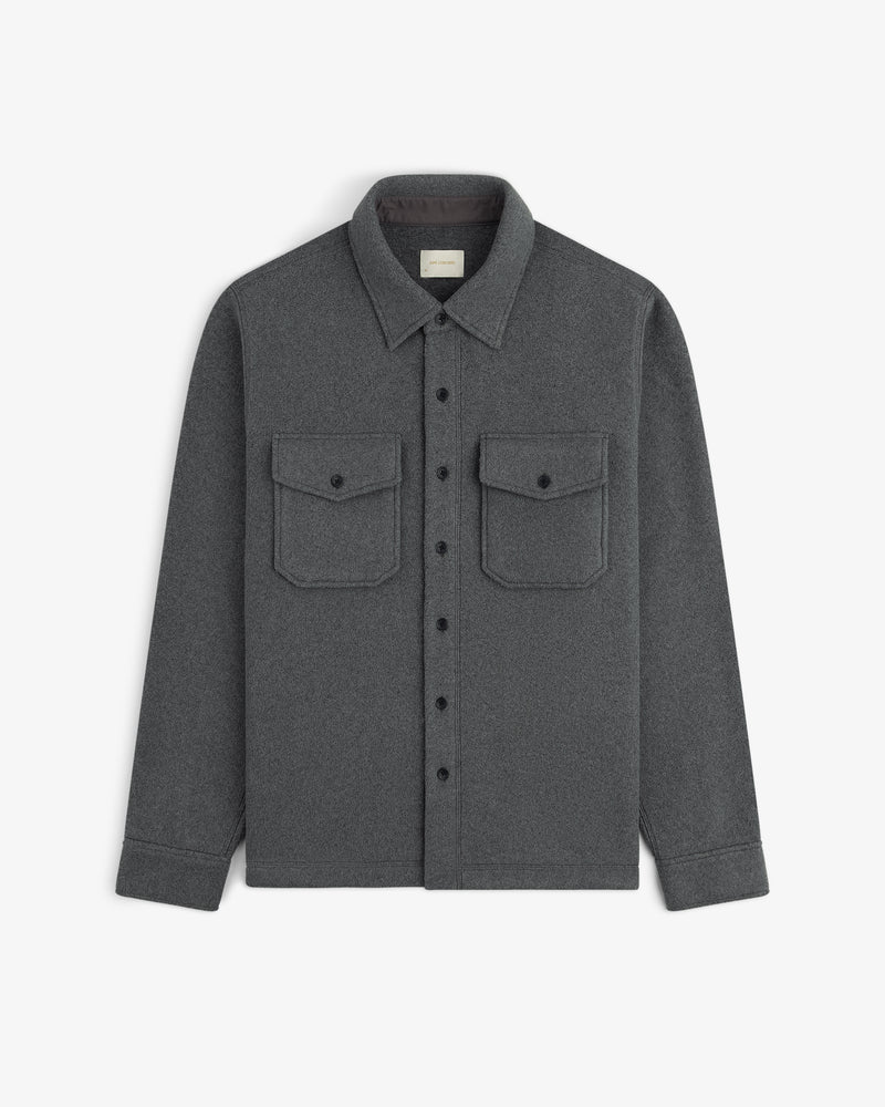 Melange Fleece Shirt, gray long-sleeve button-up with two chest pockets, shown flat on white background.