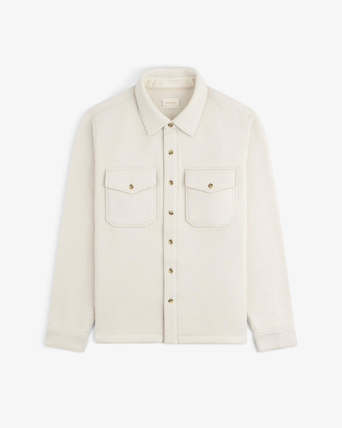 Melange Fleece Shirt—cream, long-sleeve, button-up with two chest pockets and collar, laid flat on white.