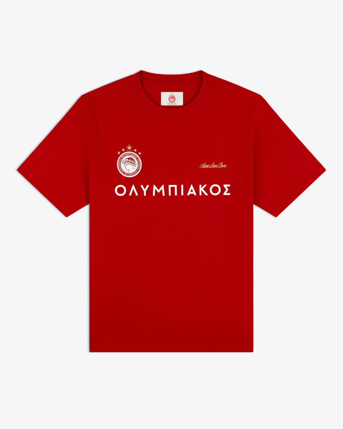 Red ALD / Olympiacos F.C. Souvenir Tee featuring the club crest, Aime Leon Dore text, and Greek lettering.