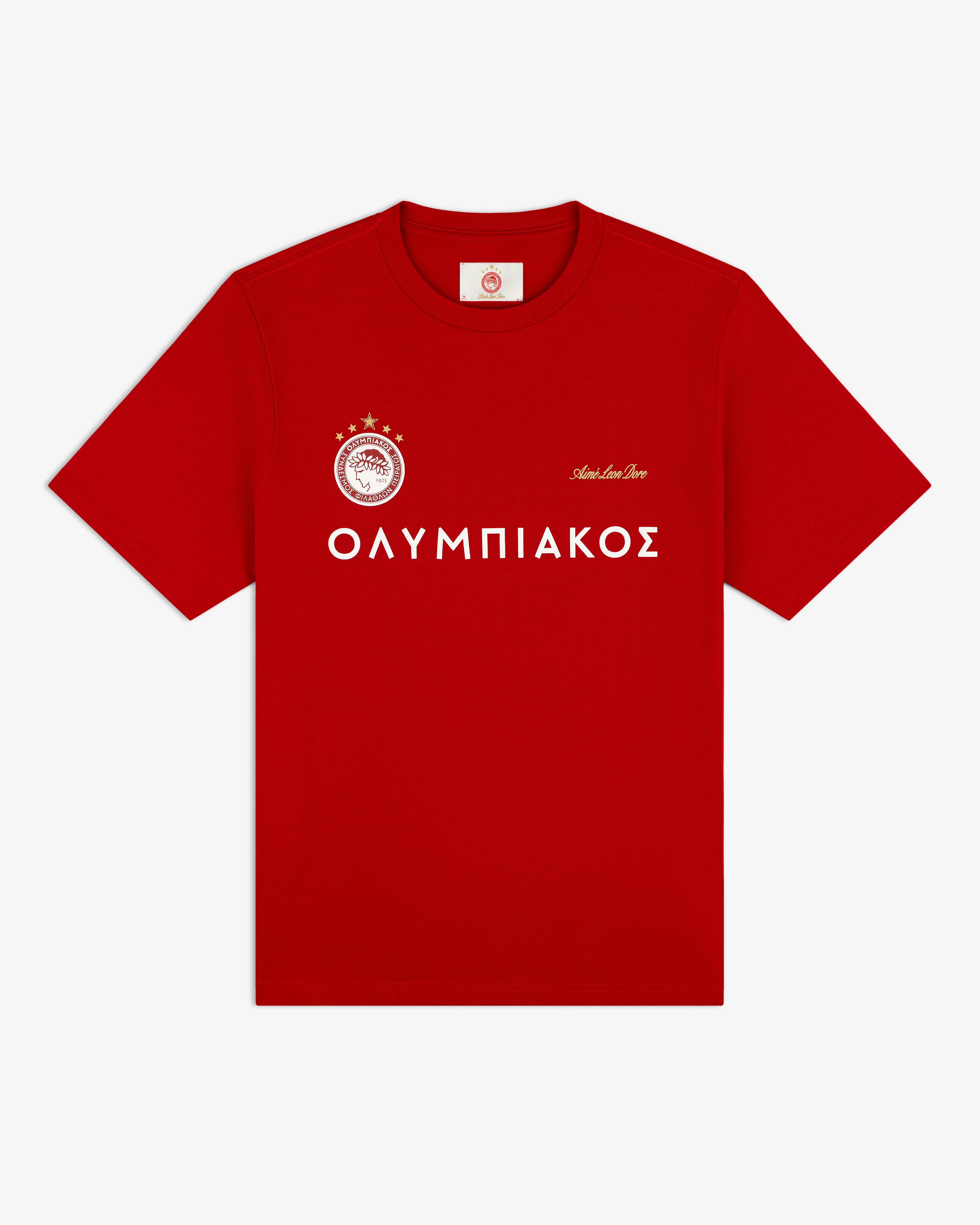 Red ALD / Olympiacos F.C. Souvenir Tee featuring the club crest, Aime Leon Dore text, and Greek lettering.