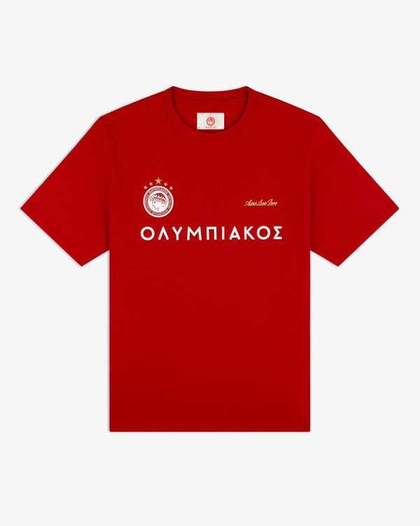 Red ALD / Olympiacos F.C. Souvenir Tee featuring the club crest, Aime Leon Dore text, and Greek lettering.