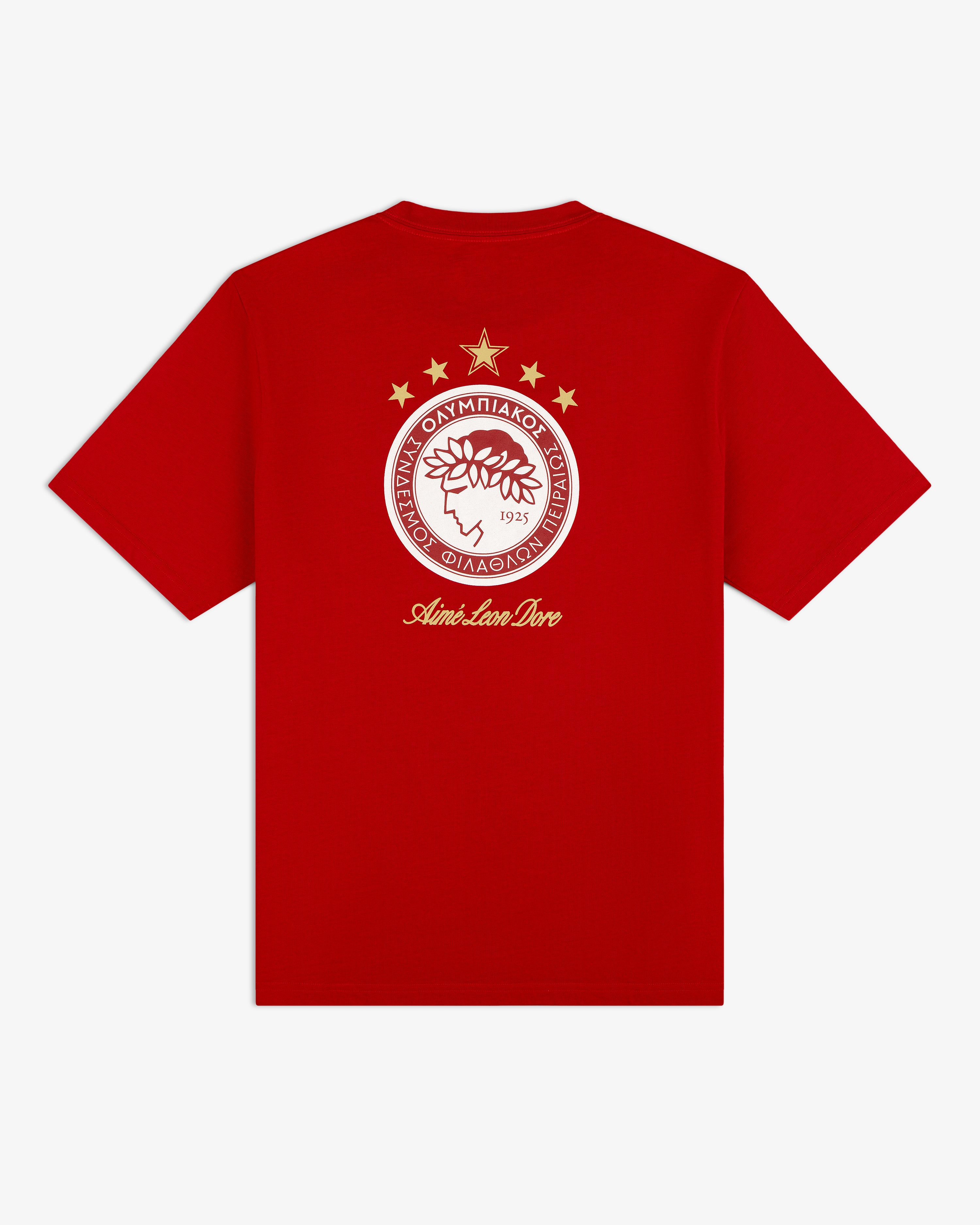 Back of a red ALD / Olympiacos F.C. Souvenir Tee featuring a gold and white soccer club crest and script text.