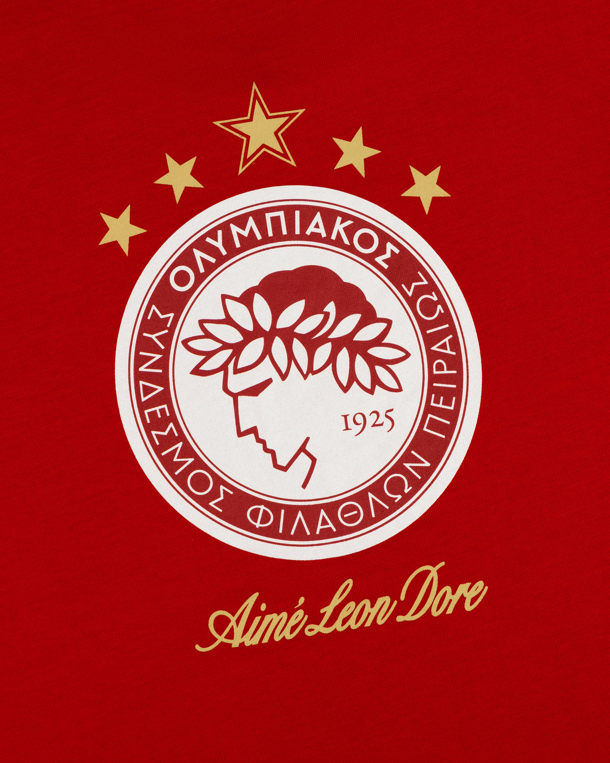 Red ALD / Olympiacos F.C. Souvenir Tee featuring a white and gold emblem with five gold stars.