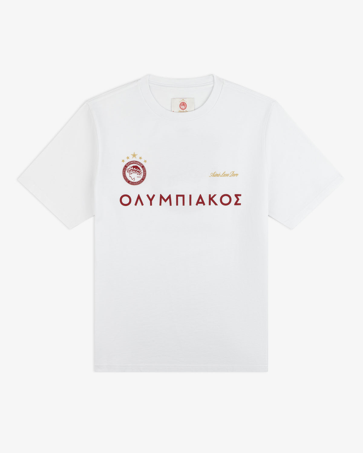 ALD / Olympiacos F.C. Souvenir Tee: a white t-shirt with a red soccer team crest and Greek lettering on the chest.