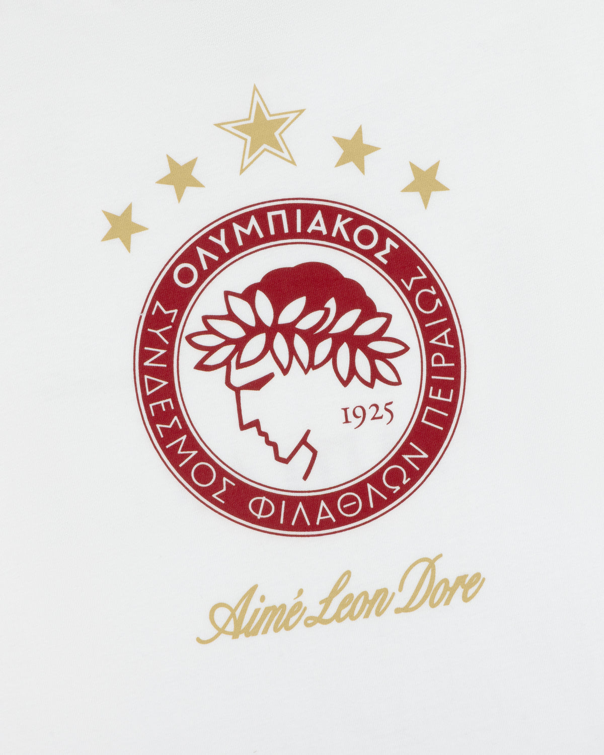 ALD / Olympiacos F.C. Souvenir Tee featuring a circular red and gold club crest with stars above and Aimé Leon Dore text.