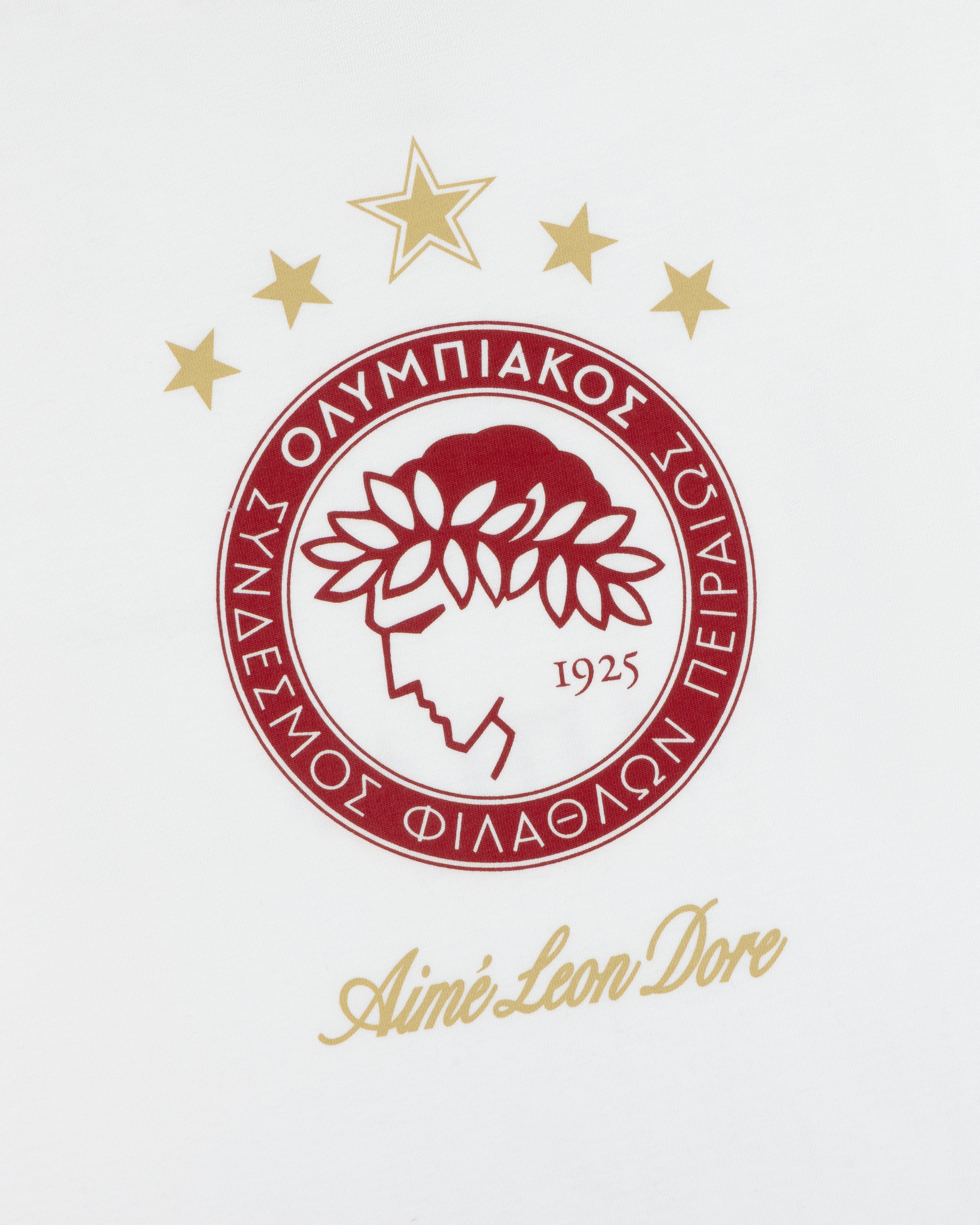 ALD / Olympiacos F.C. Souvenir Tee featuring a circular red and gold club crest with stars above and Aimé Leon Dore text.