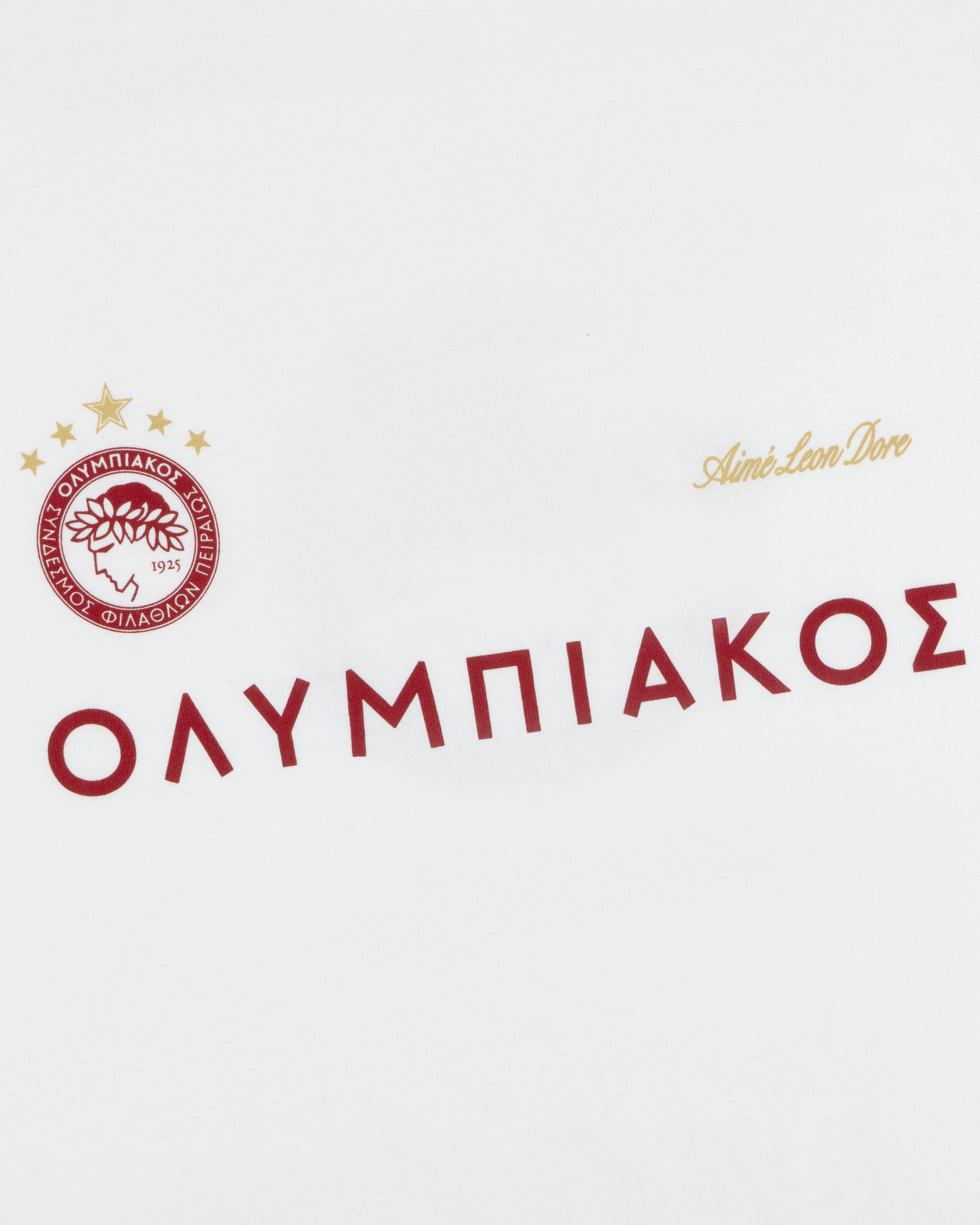 ALD / Olympiacos F.C. Souvenir Tee in white featuring the team crest, Greek lettering, and a small gold script logo.