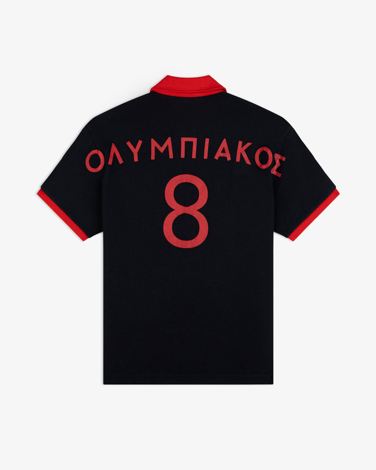 ALD / Olympiacos F.C. Heritage Ringer Polo: a black shirt with red collar, cuffs, and number 8 with Greek text on the back.