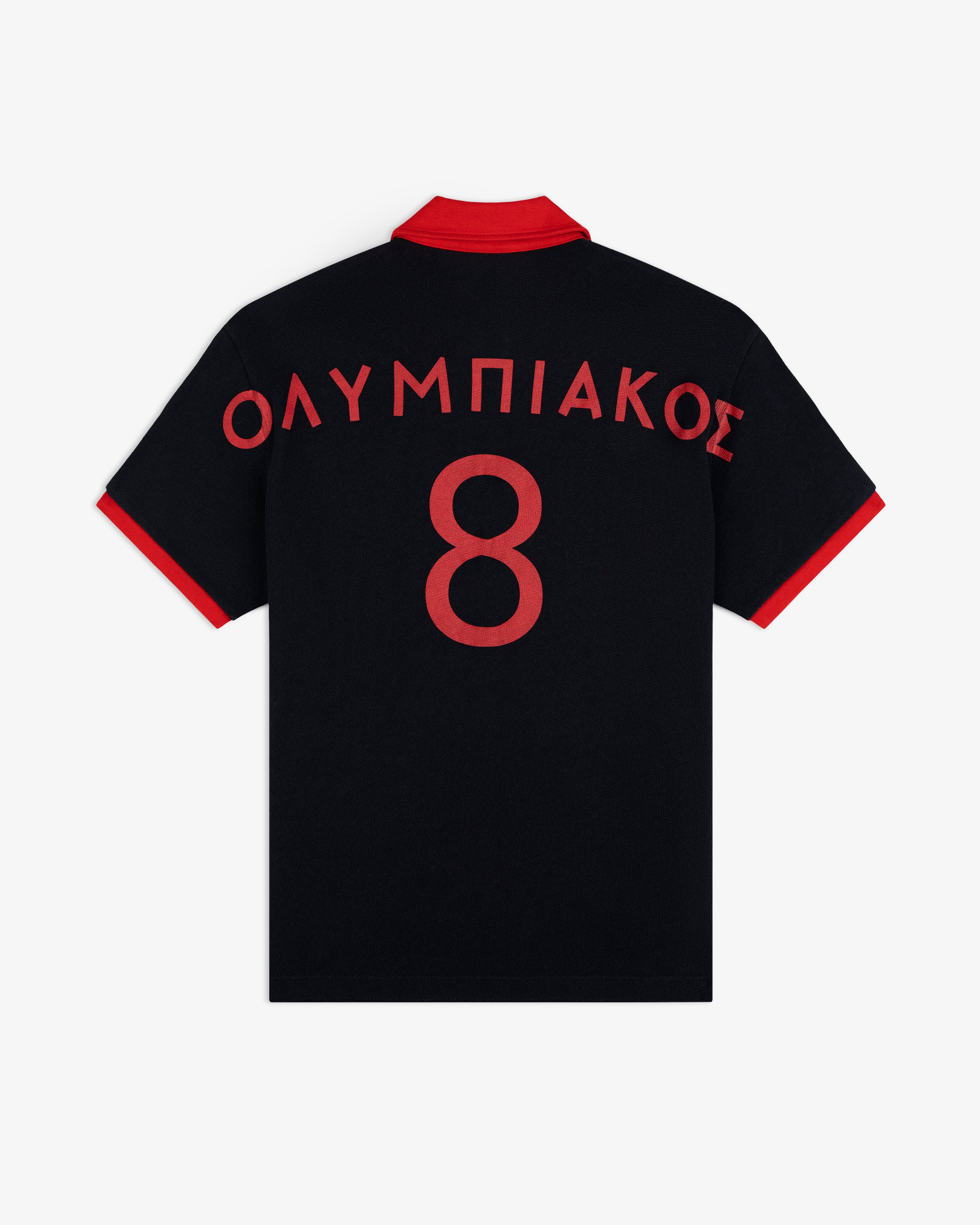 ALD / Olympiacos F.C. Heritage Ringer Polo: a black shirt with red collar, cuffs, and number 8 with Greek text on the back.