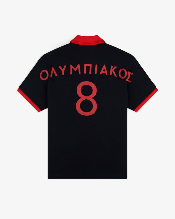 ALD / Olympiacos F.C. Heritage Ringer Polo: a black shirt with red collar, cuffs, and number 8 with Greek text on the back.
