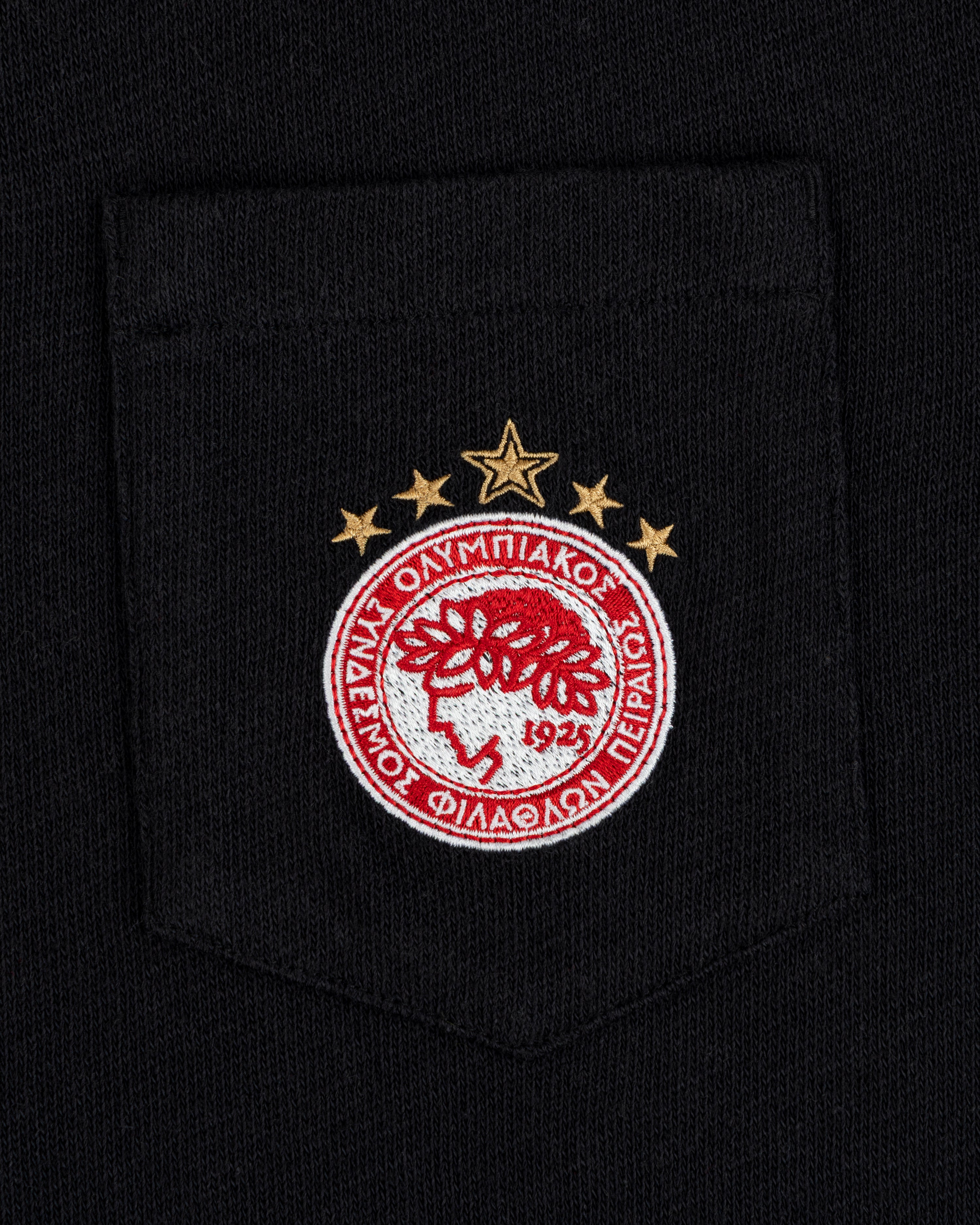 Embroidered crest with laurel wreath and text on the pocket of an ALD / Olympiacos F.C. Heritage Ringer Polo.