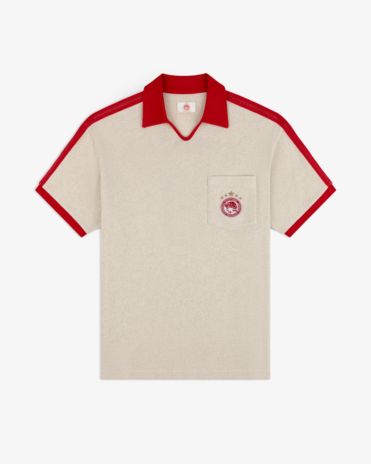 Off-white short-sleeved ALD / Olympiacos F.C. Heritage Ringer Polo with red collar, trim, and chest pocket soccer crest.