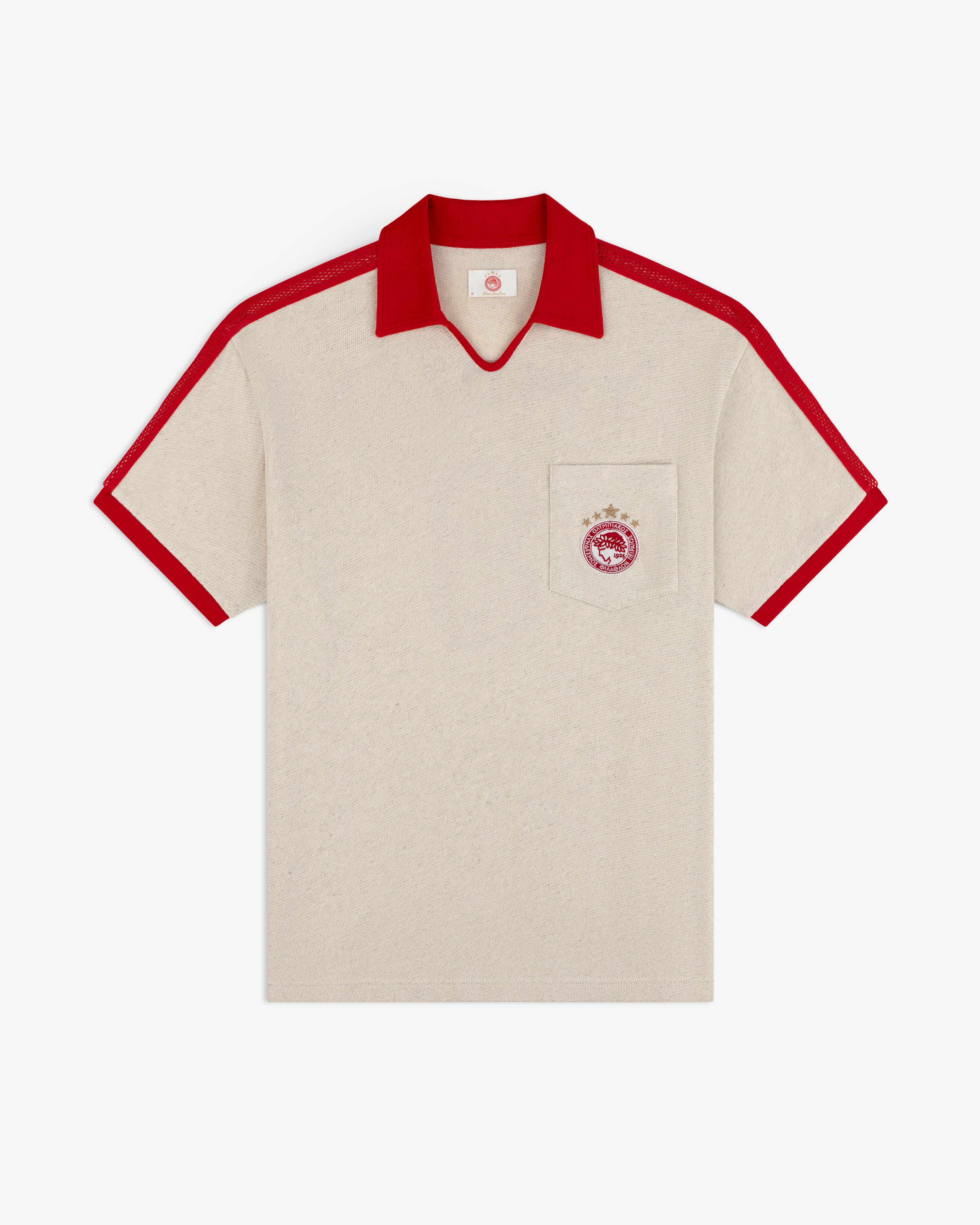 Off-white short-sleeved ALD / Olympiacos F.C. Heritage Ringer Polo with red collar, trim, and chest pocket soccer crest.