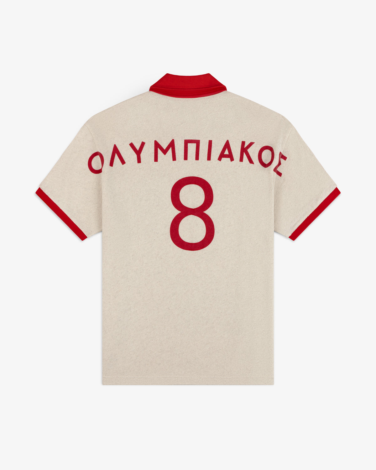 ALD / Olympiacos F.C. Heritage Ringer Polo: off-white short-sleeved shirt with red trim, ΟΛΥΜΠΙΑΚΟΣ and number 8 on the back.