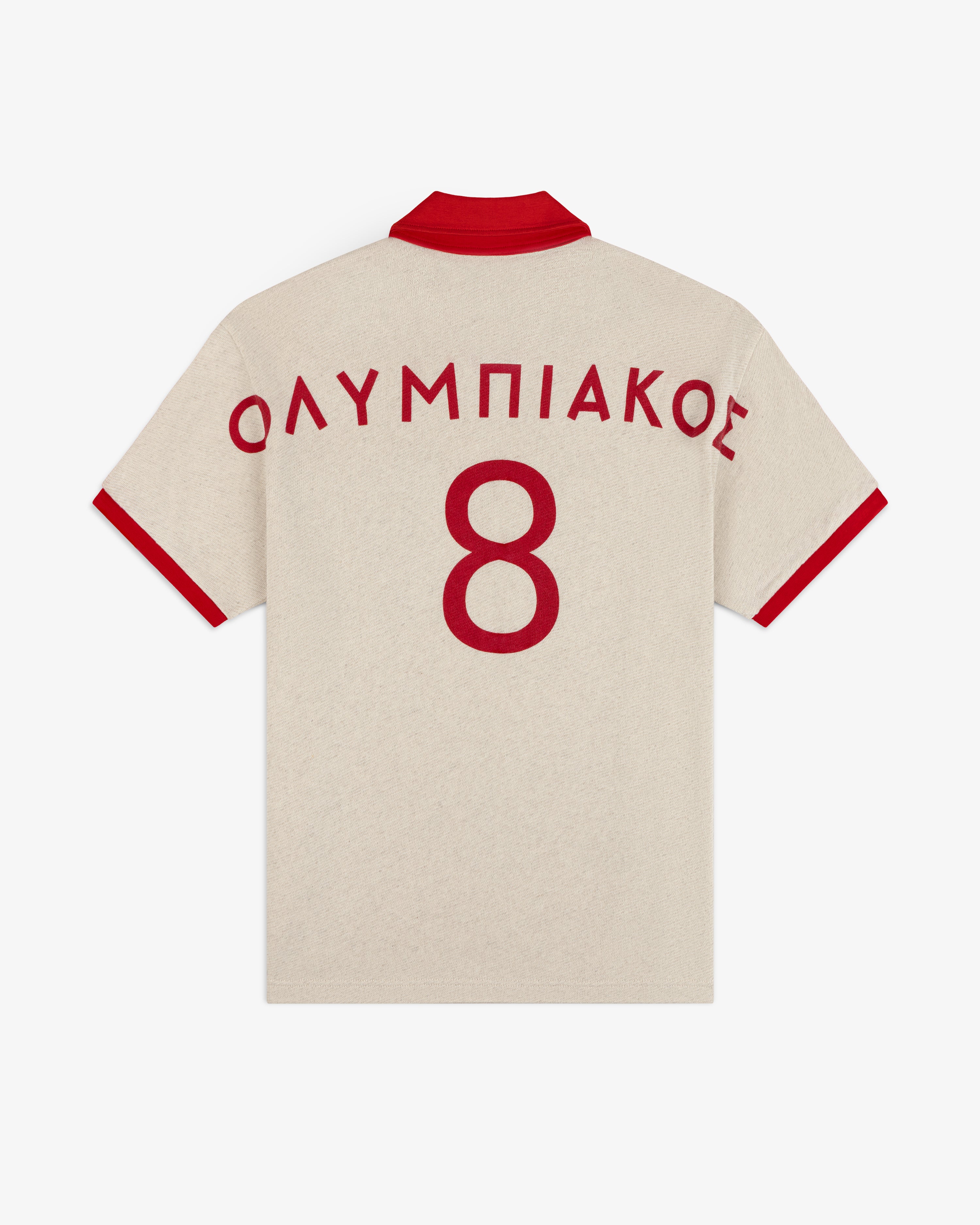 ALD / Olympiacos F.C. Heritage Ringer Polo: off-white short-sleeved shirt with red trim, ΟΛΥΜΠΙΑΚΟΣ and number 8 on the back.