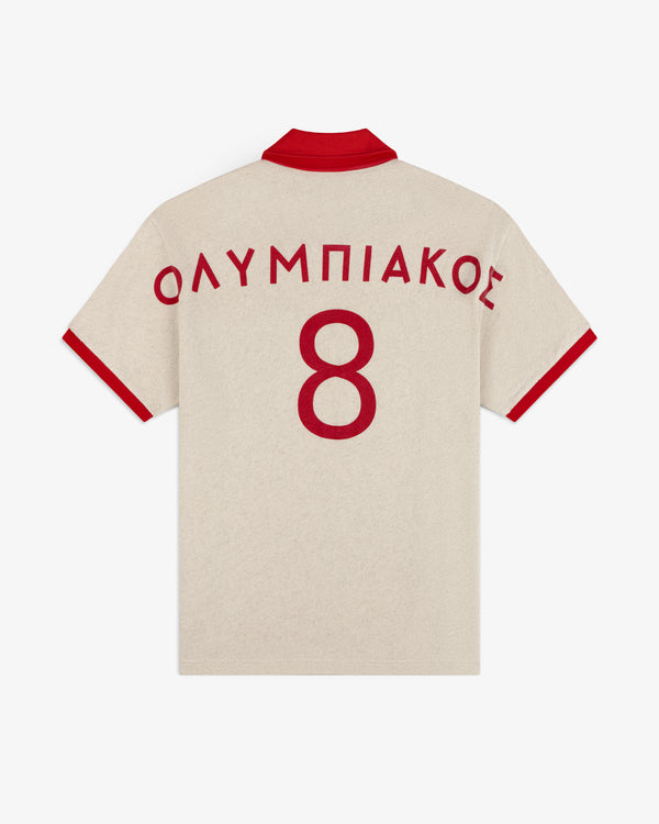 ALD / Olympiacos F.C. Heritage Ringer Polo: off-white short-sleeved shirt with red trim, ΟΛΥΜΠΙΑΚΟΣ and number 8 on the back.