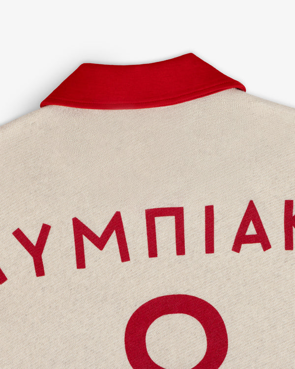 ALD / Olympiacos F.C. Heritage Ringer Polo: off-white shirt, red collar, red Greek lettering, and a large back number.