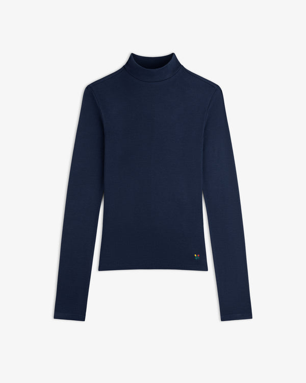 Dark blue Ribbed Mockneck Long-Sleeve Tee with a small, colorful logo patch at the hem.