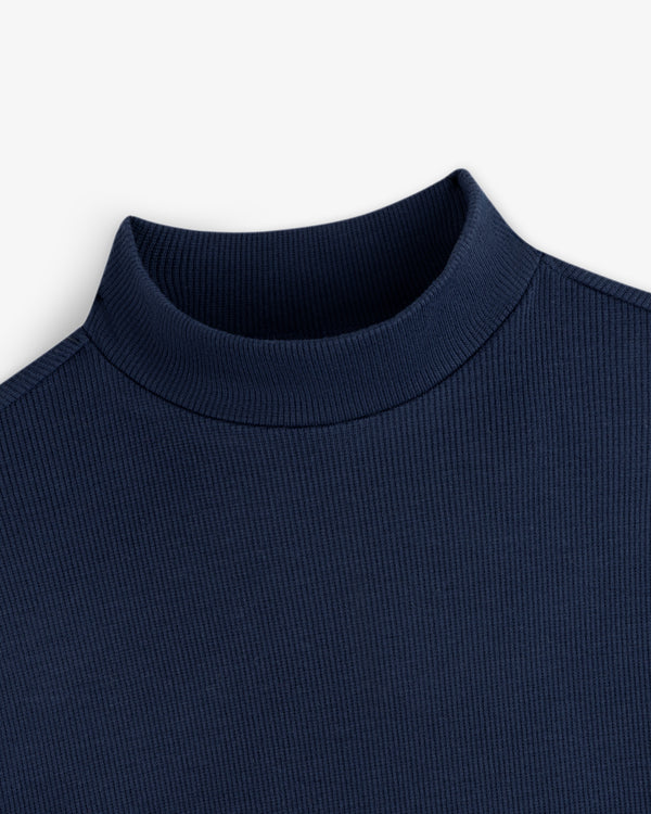 Close-up of a navy blue Ribbed Mockneck Long-Sleeve Tee with a mock neck and ribbed texture.