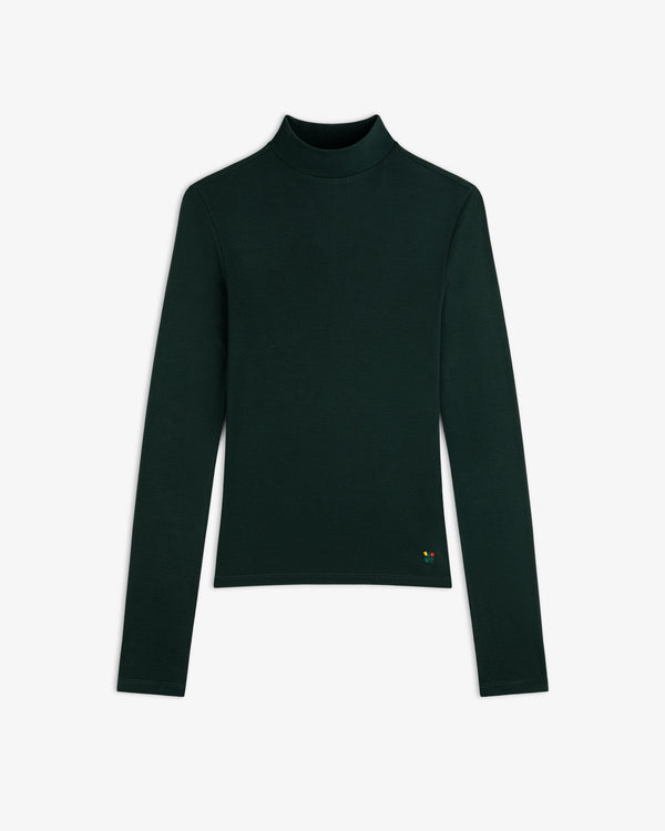 Dark green ribbed mockneck long-sleeve tee with a small emblem near the hem.