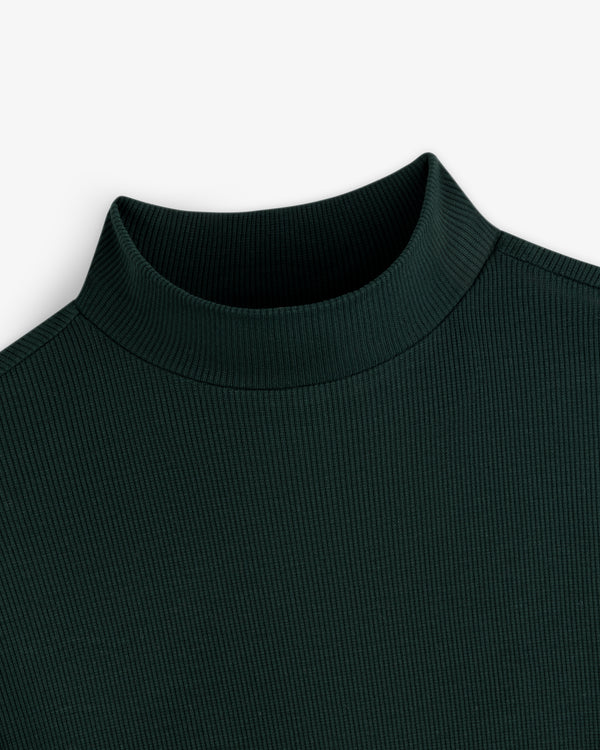 Dark green Ribbed Mockneck Long-Sleeve Tee with a ribbed texture and mockneck collar.