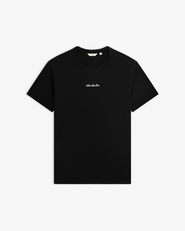 Black Shrunken Script Tee with a short-sleeve crewneck and white cursive text centered on the chest.