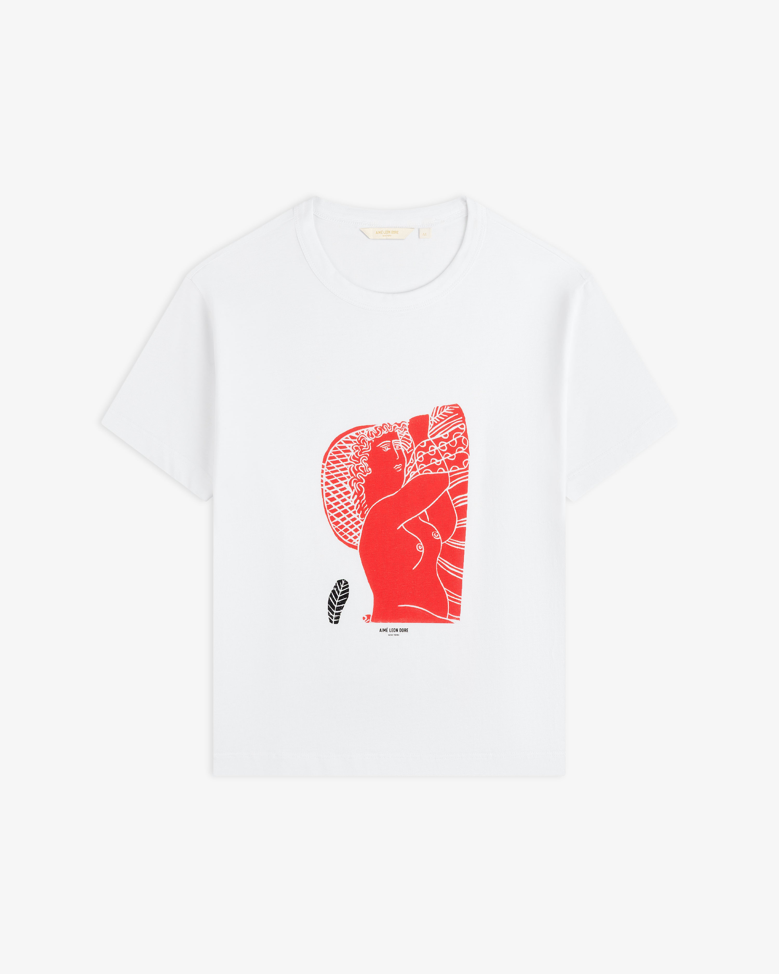 Fassianos Red Lady Tee: a white crewneck t-shirt featuring a red line-art illustration of a female figure.
