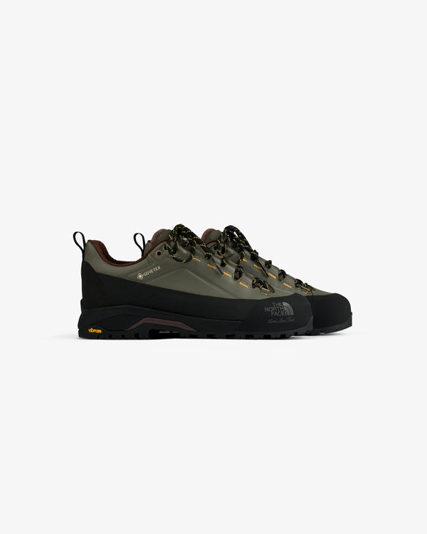 ALD/The North Face Verto Alpine GORE-TEX hiking shoes in olive green with black soles and yellow lace accents.