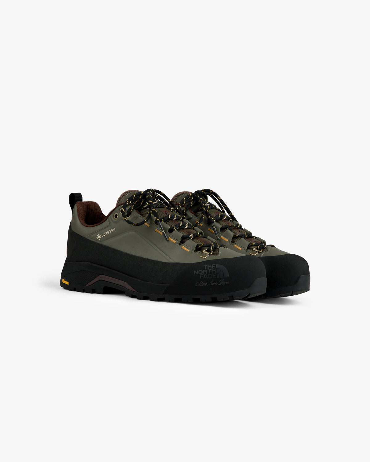 ALD/The North Face Verto Alpine GORE-TEX olive & black hiking shoes with rugged soles, patterned laces on white.