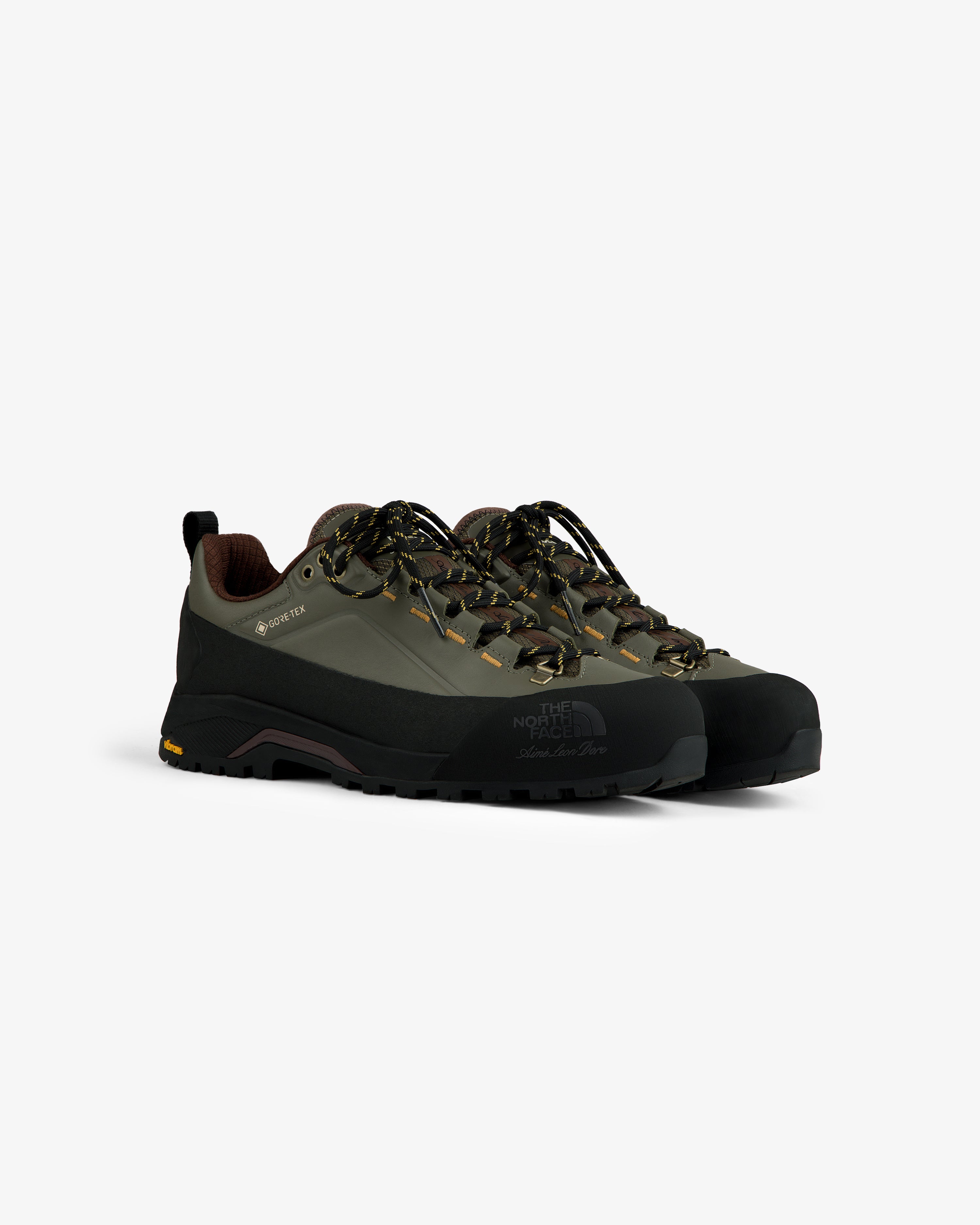 ALD/The North Face Verto Alpine GORE-TEX olive & black hiking shoes with rugged soles, patterned laces on white.