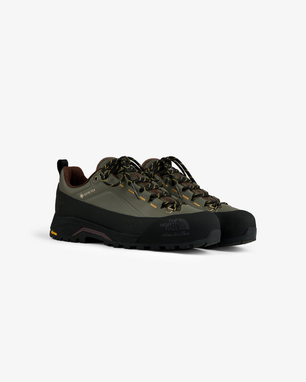 ALD/The North Face Verto Alpine GORE-TEX olive & black hiking shoes with rugged soles, patterned laces on white.