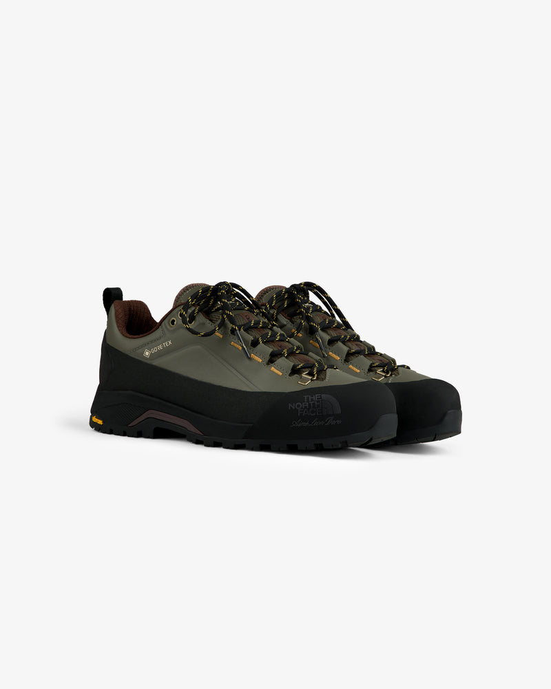 ALD/The North Face Verto Alpine GORE-TEX olive & black hiking shoes with rugged soles, patterned laces on white.