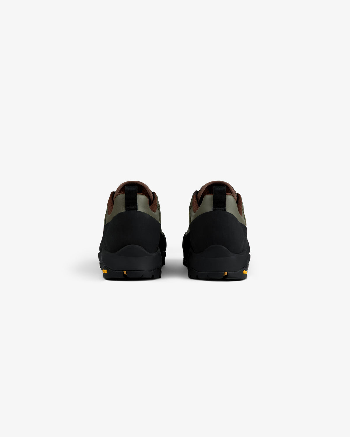 Back view of ALD/The North Face Verto Alpine GORE-TEX Hiking Shoes in black, green & brown on white background.